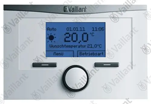Vaillant Heizungsregler mit digitalem Display. Angezeigte Temperatur: 20,0 °C, Wunschtemperatur: 21,0 °C. Menü- und Steuerknopf vorhanden.